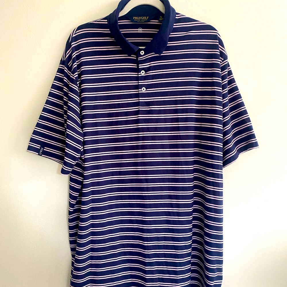POLO GOLF Ralph Lauren - Men's Polo Style Shirt - Sz. XL - Blue w/Pink Stripes